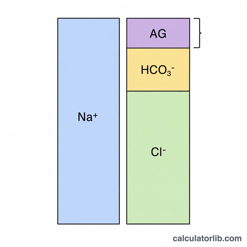 Diagramme à barres montrant le sodium équilibré face au chlorure, au bicarbonate et au trou anionique non mesuré