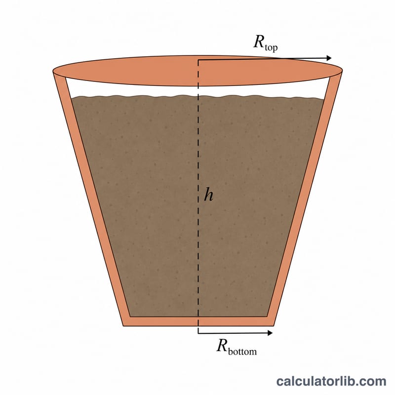 Cross-section of a tapered flower pot showing top radius, bottom radius, and height