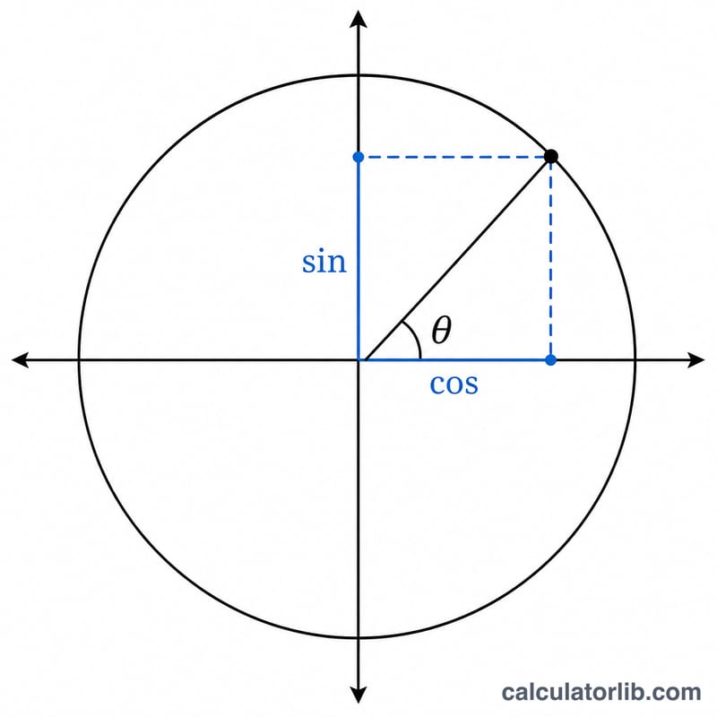 Unit circle with an angle theta measured from the positive x-axis, showing a point on the circle with its x and y coordinates as cosine and sine.