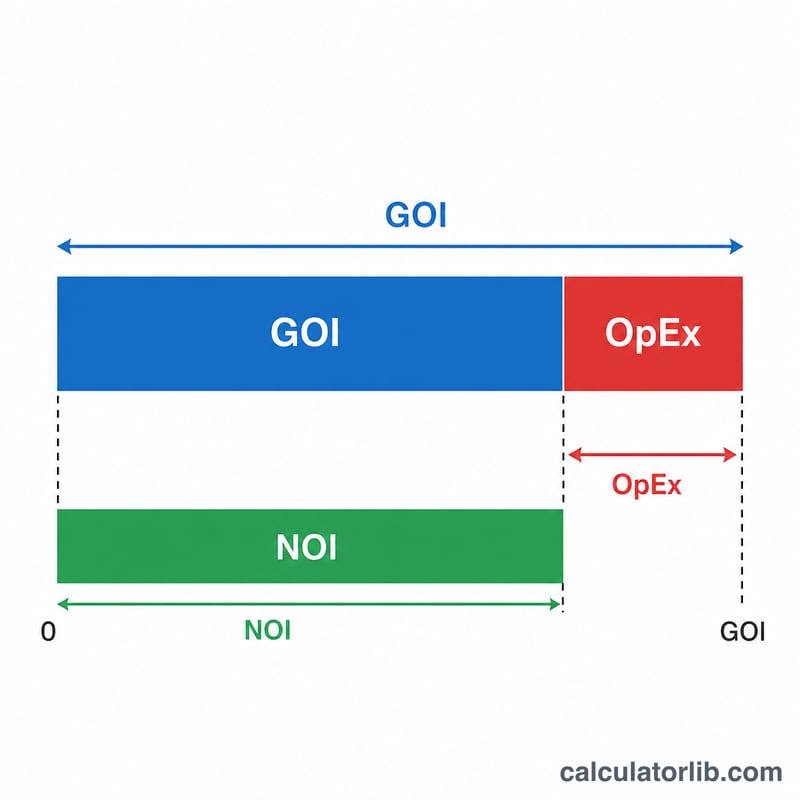Bar diagram showing operating expenses subtracted from gross operating income to give NOI