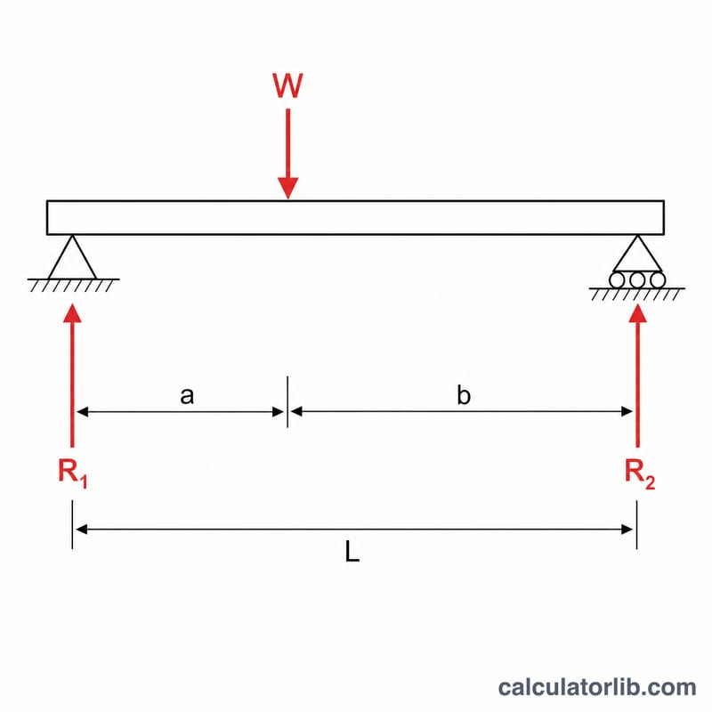 Simply supported beam with a single point load and two support reactions