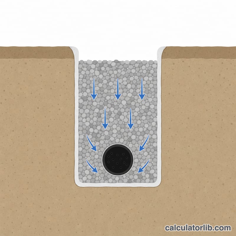 Cross-section diagram of a French drain trench with gravel, perforated pipe, and fabric liner