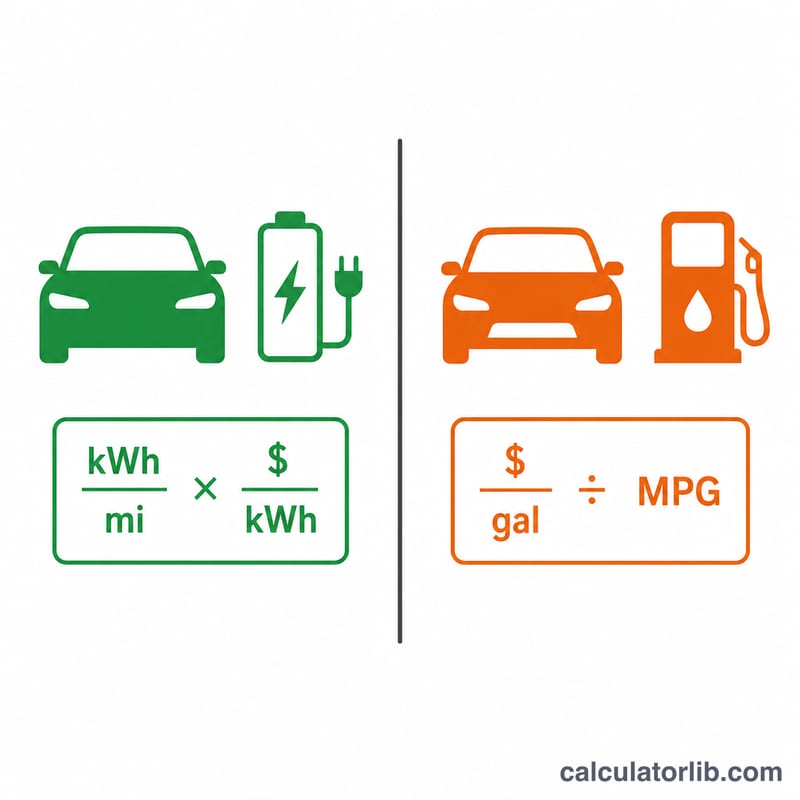 Side-by-side comparison of EV and gas cost-per-mile formulas with two car icons