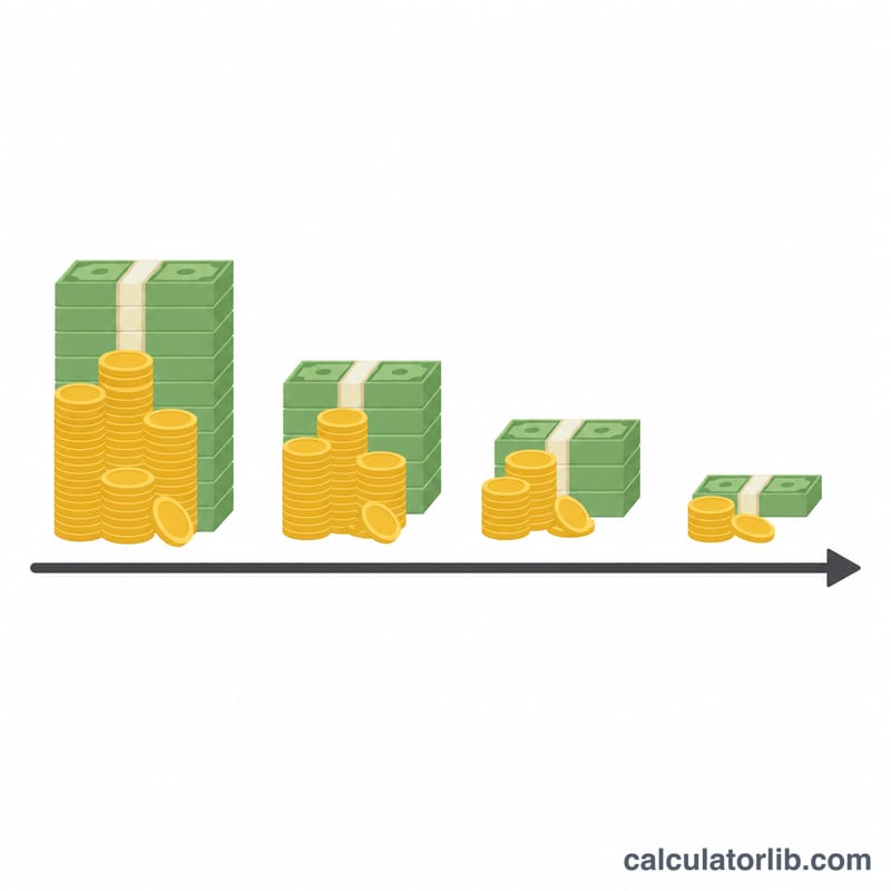 A pile of cash shrinking in size across several time points along an arrow
