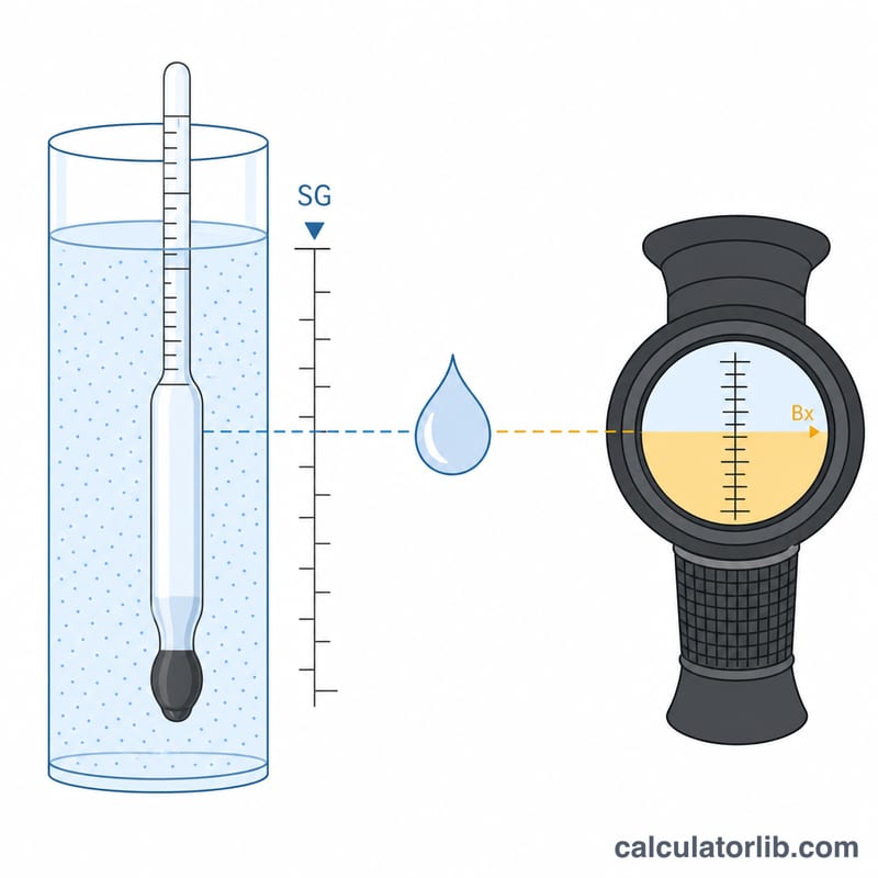 Hydrometer and refractometer measuring sugar in liquid, with Brix and specific gravity scales