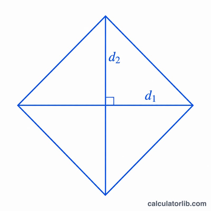 Rhombus with its two perpendicular diagonals labeled d1 and d2 crossing at the center