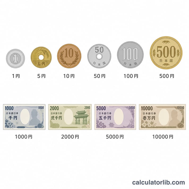 1円から10000円までの日本円の硬貨と紙幣の額面