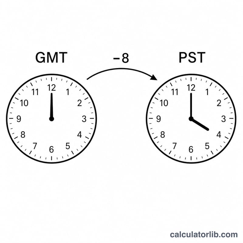 Two clock faces showing an 8-hour offset between GMT and PST