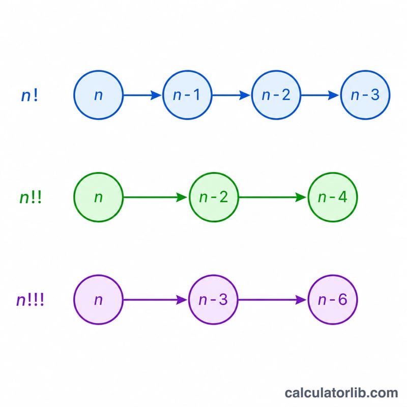 Comparison of factorial, double factorial and triple factorial expansions shown as descending step ladders