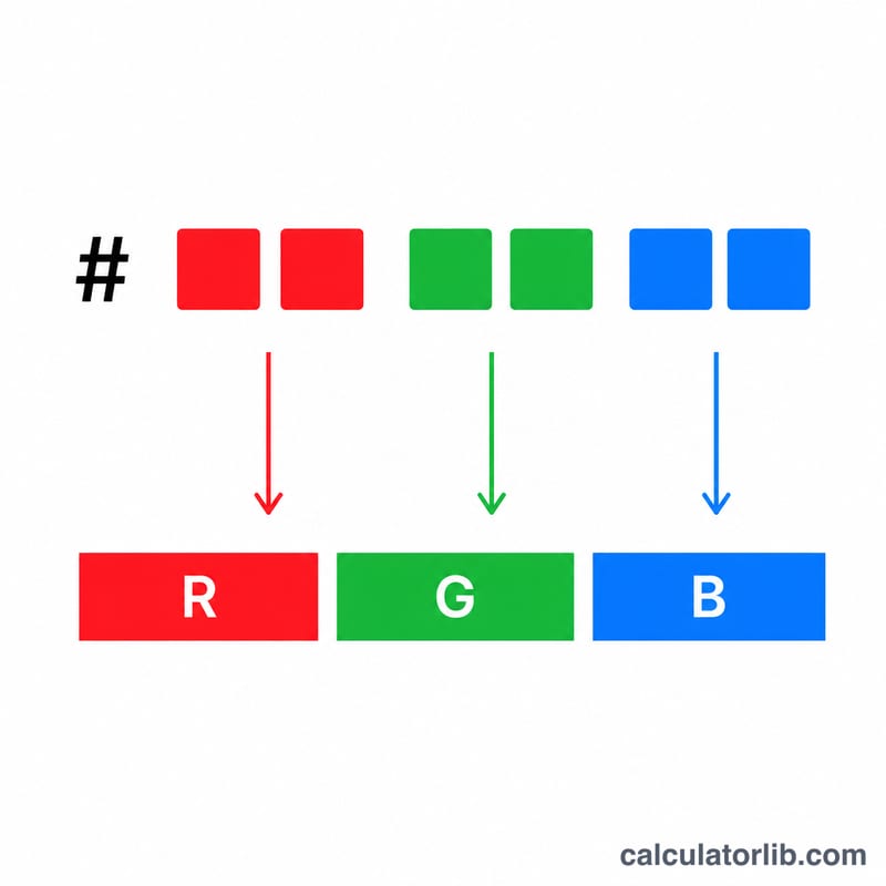 Diagram showing a six-digit hex code split into three two-digit pairs mapped to red, green and blue values