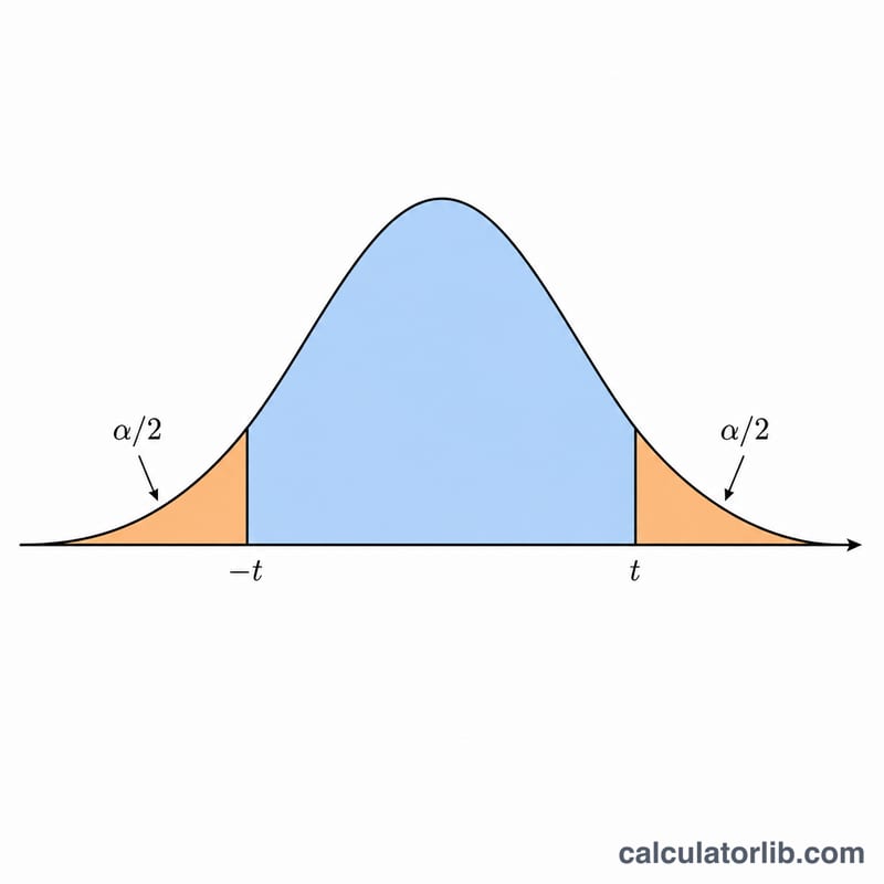 Bell-shaped t-distribution curve with a shaded central region and two symmetric tail areas labeled alpha over two.