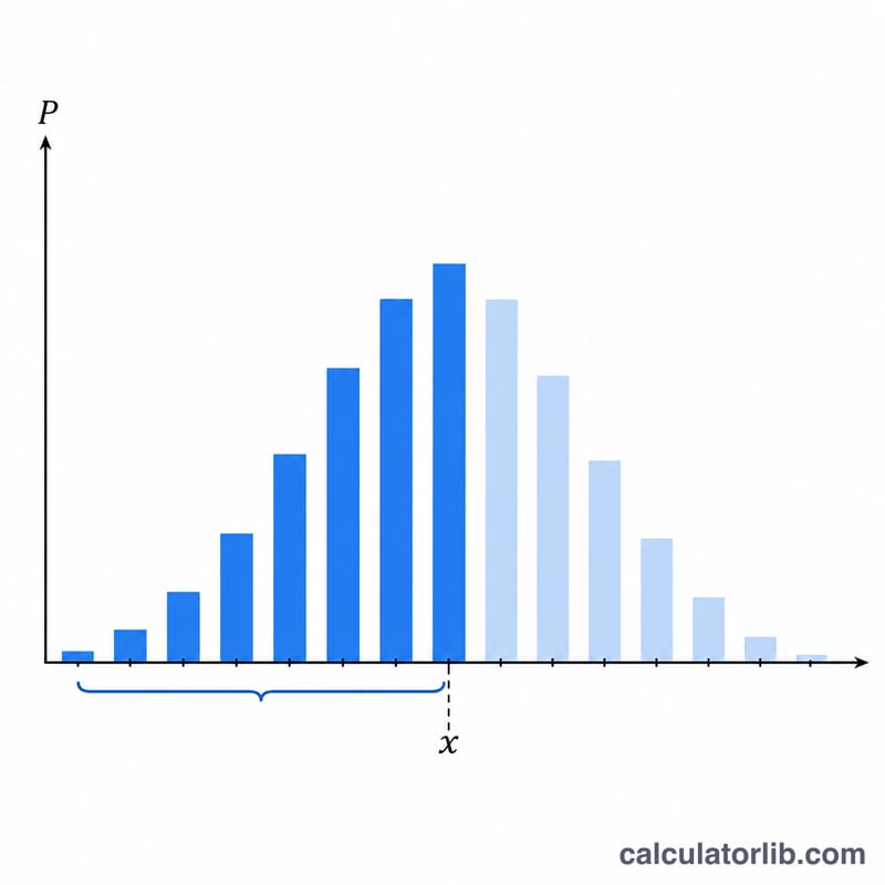Poisson bar chart with bars up to threshold x shaded to show cumulative probability P