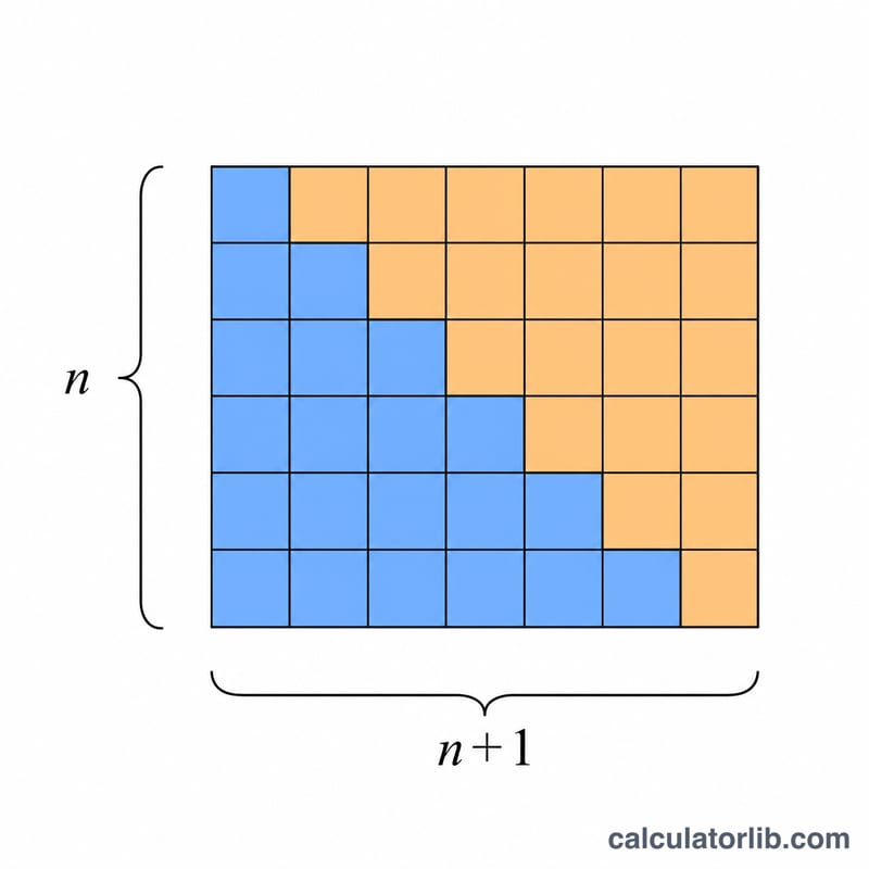 Two staircases of squares combine into an n by (n+1) rectangle