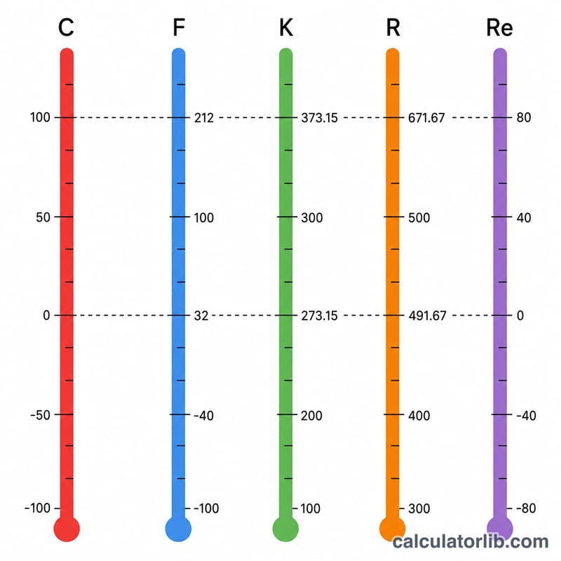 Five thermometer scales aligned by freezing and boiling points of water