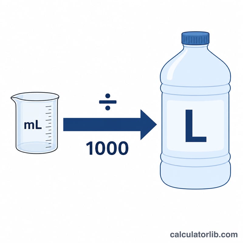 Diagram converting milliliters to liters by dividing by 1000
