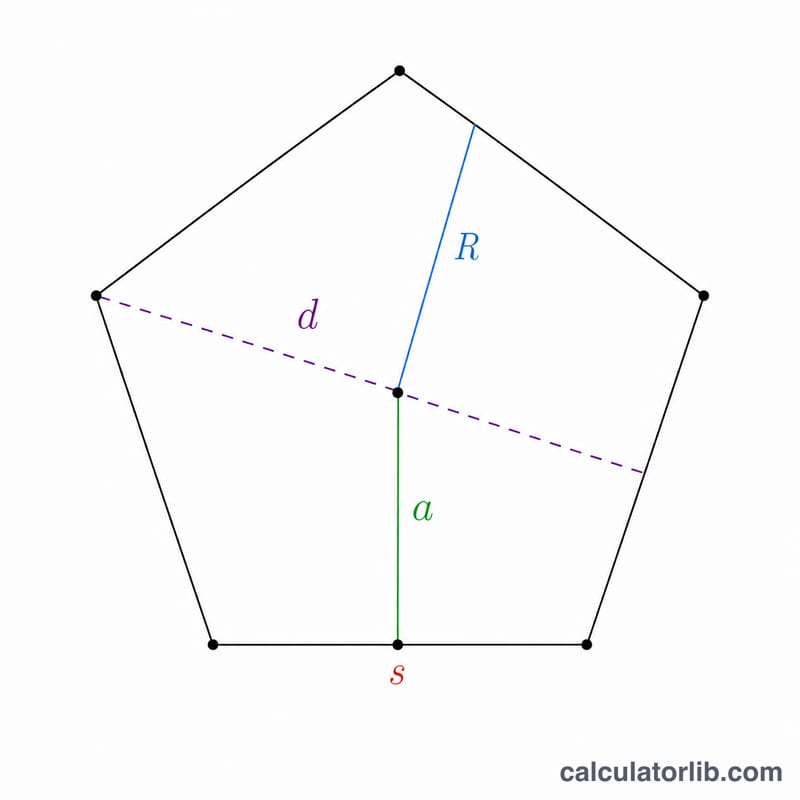 Pentagone régulier montrant le côté, l'apothème, le rayon du cercle circonscrit et la diagonale