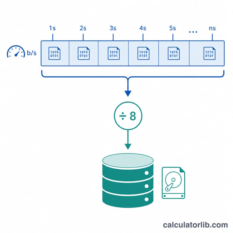 Diagram showing bitrate over a duration combining into total file size with a divide-by-8 conversion
