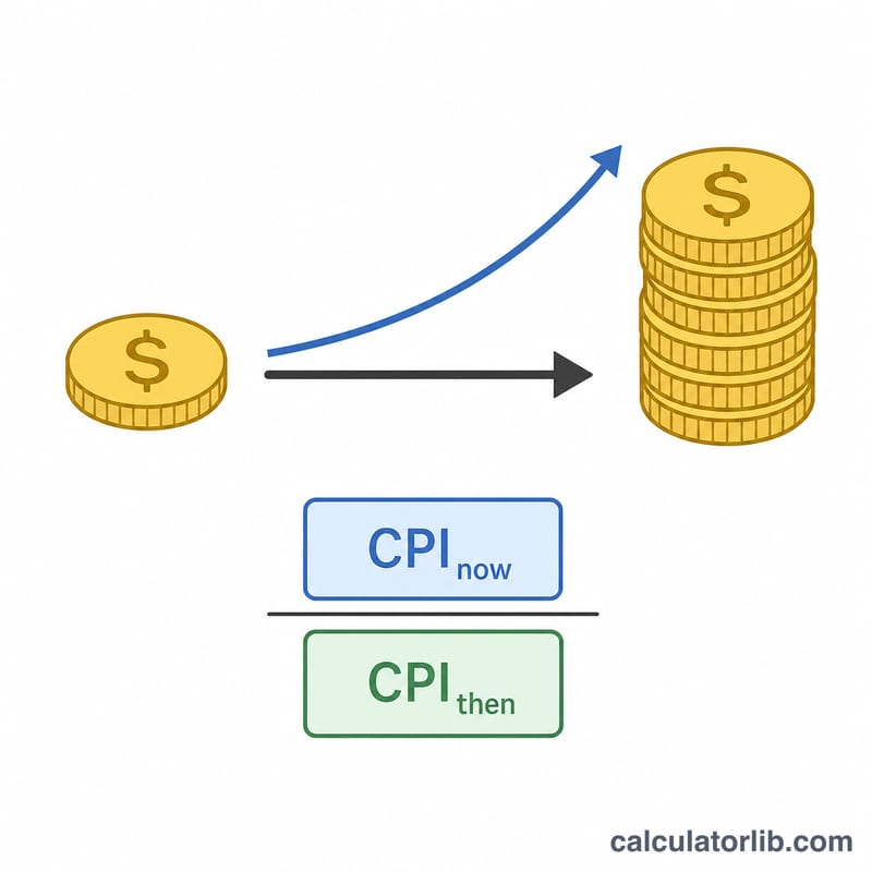 Diagram showing a past amount scaled to a larger present-day equivalent using the ratio of CPI now to CPI then.
