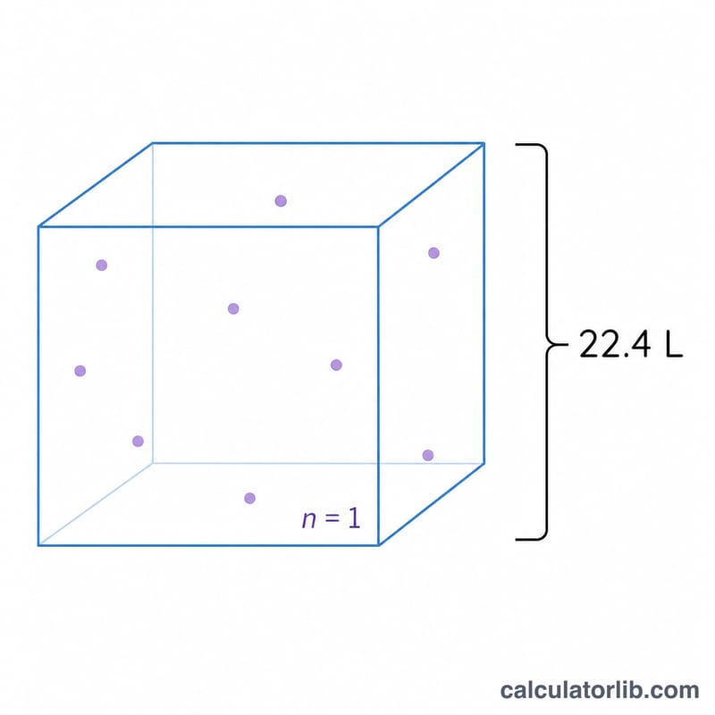 Diagram showing one mole of gas occupying 22.4 liters at STP