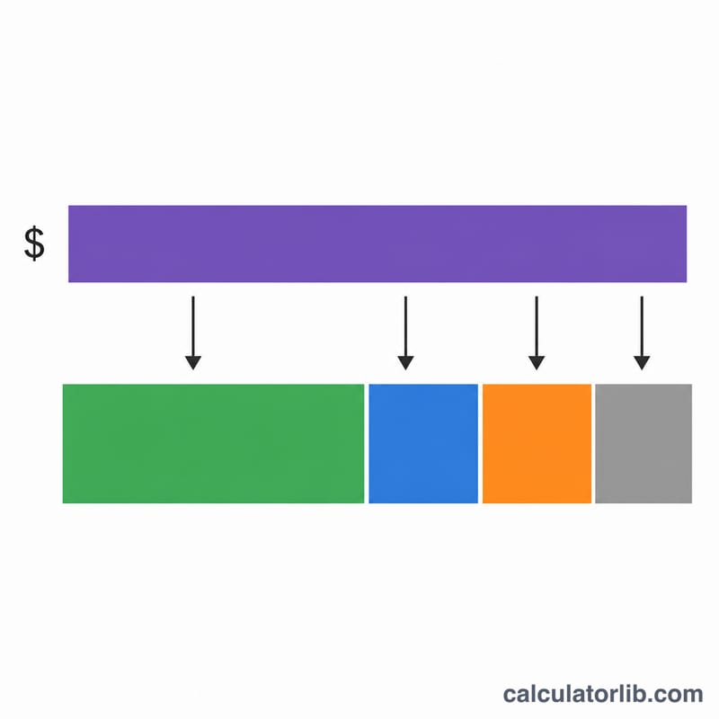 Flat bar diagram showing gross salary splitting into income tax, National Insurance, pension and net take-home pay