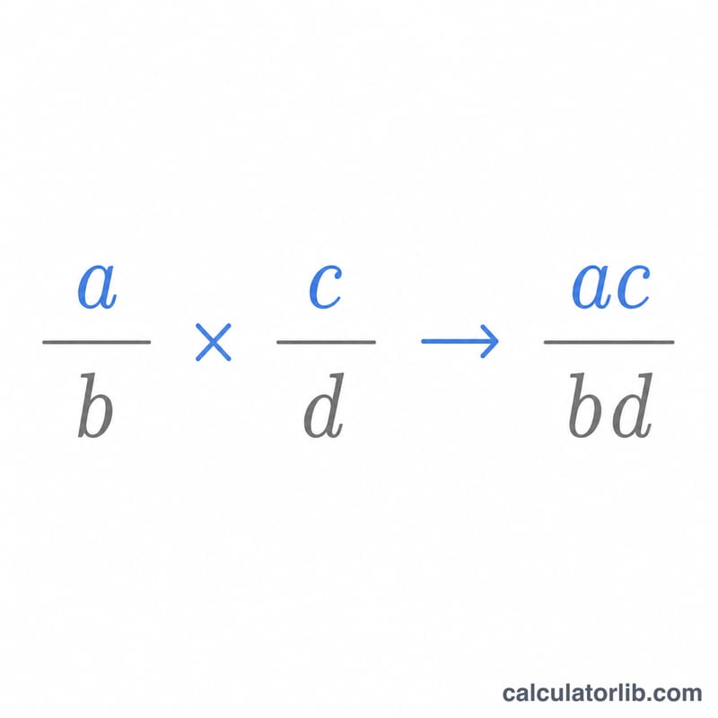 Diagram showing multiplication of two fractions a/b times c/d equals ac over bd