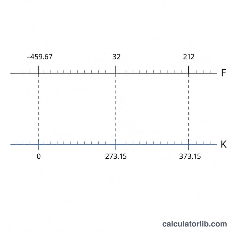Horizontal scale comparing Fahrenheit and Kelvin temperature values aligned at key points