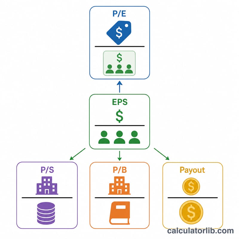 Flat diagram of EPS, P/E, P/S, P/B and payout ratio as fraction boxes
