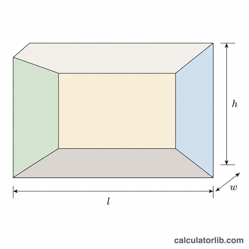 Diagram of a rectangular room showing length, width, and height with all four walls highlighted