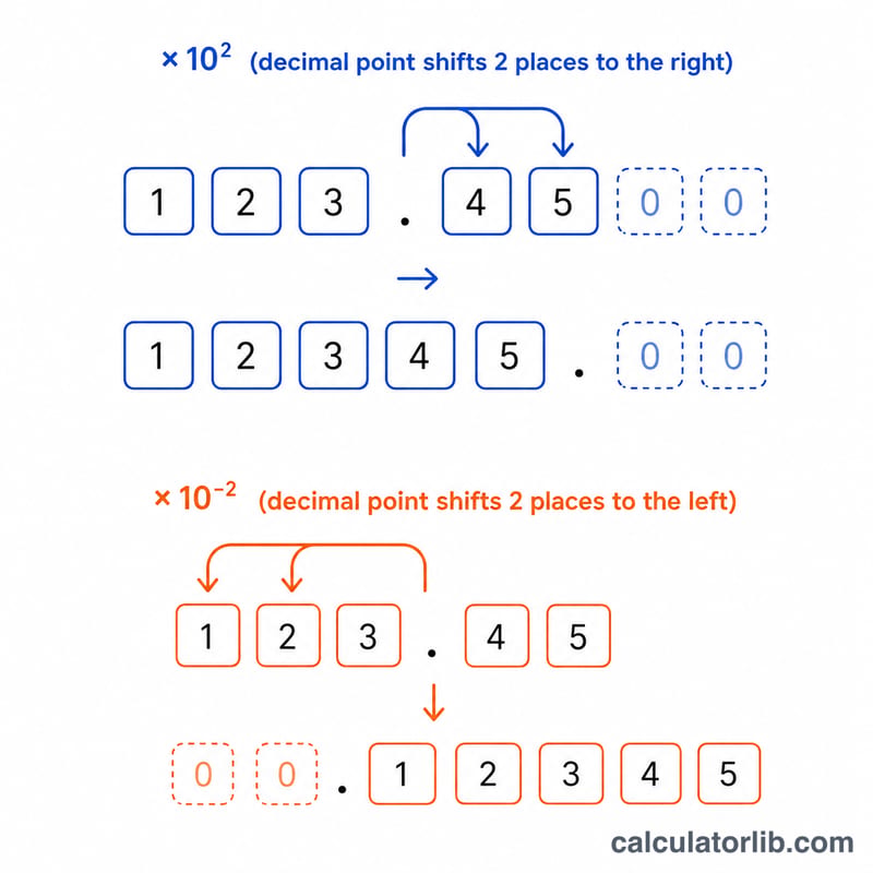 Decimal point shifting right for positive powers of 10 and left for negative powers