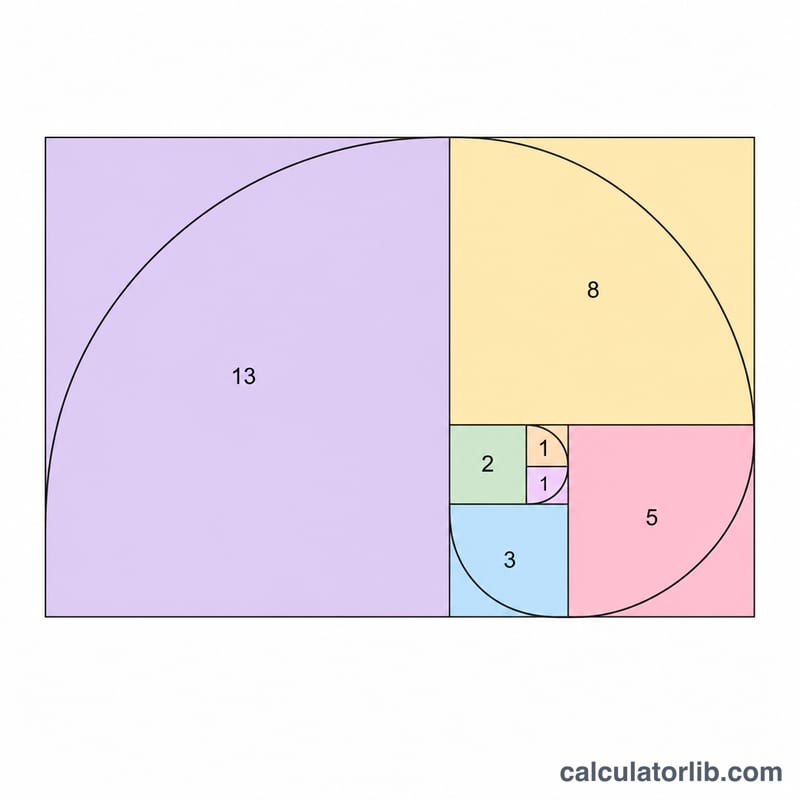 Fibonacci spiral formed by quarter arcs through nested squares