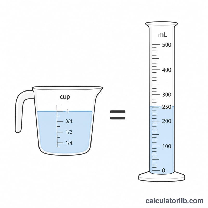 A measuring cup beside a graduated cylinder showing equivalent volume