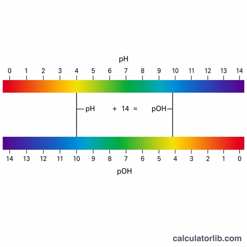 pH and pOH scales shown as complementary bars summing to 14