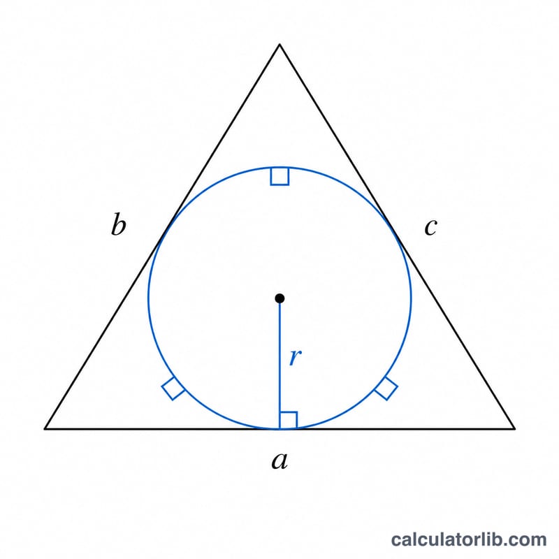Triangle with inscribed circle touching all three sides, center and radius marked