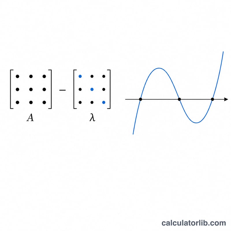 Diagram of a 3 by 3 matrix A minus lambda times the identity matrix, with a cubic curve crossing the horizontal axis at three points