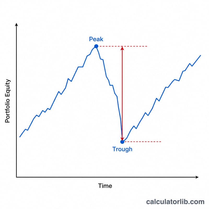 Equity curve line chart with peak and trough marked, showing the maximum drawdown decline