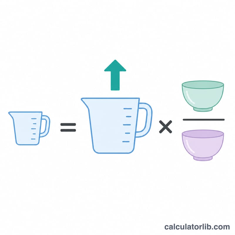 Diagram showing a recipe amount multiplied by the ratio of desired to original servings
