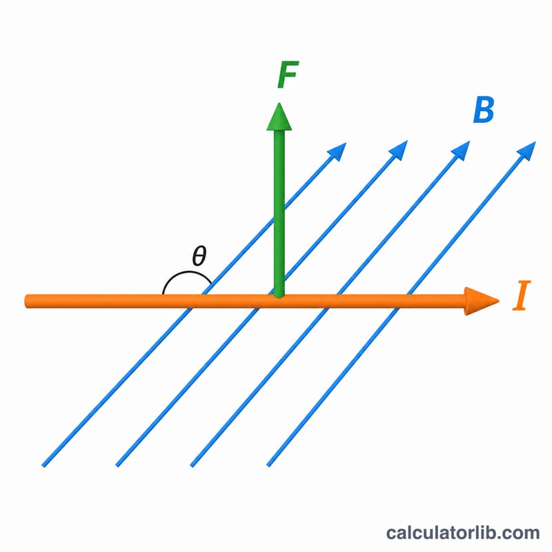 Straight wire carrying current in a magnetic field with force perpendicular to both
