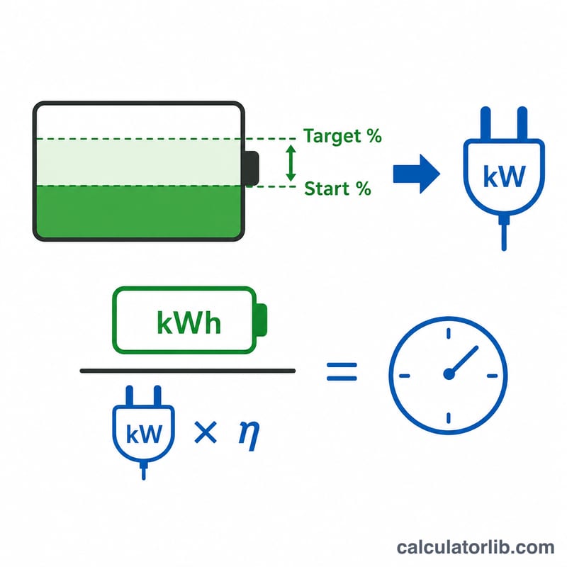 Diagram showing charging time formula as energy needed divided by effective charger power