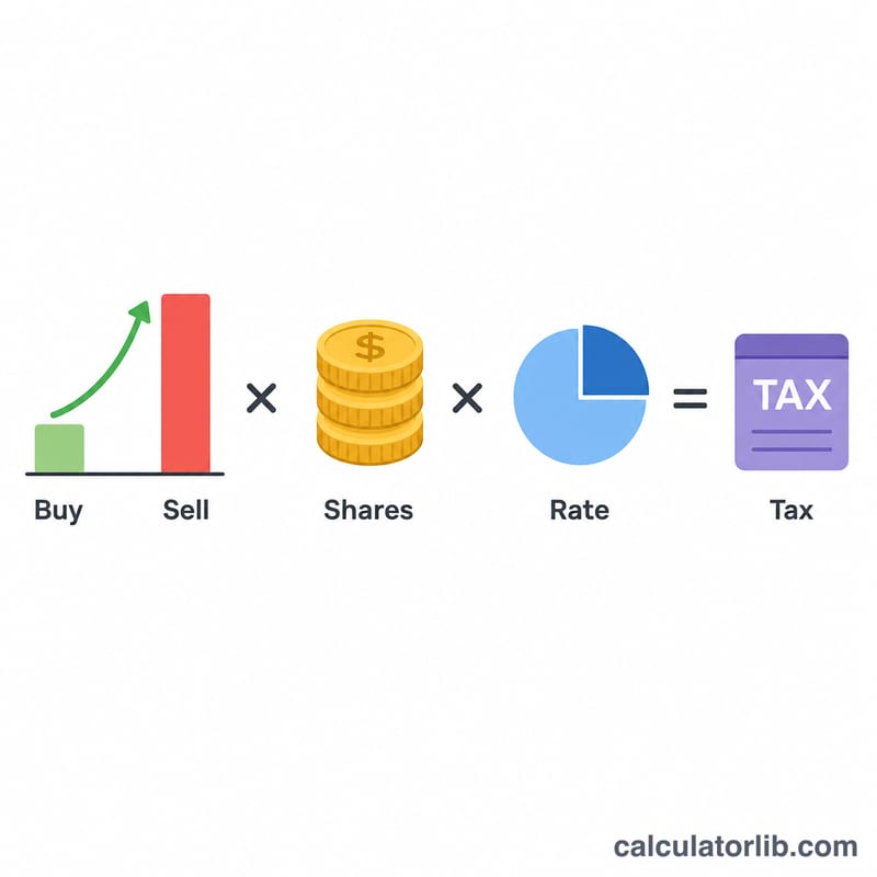 Diagram showing buy price subtracted from sell price multiplied by shares and tax rate to give capital gains tax