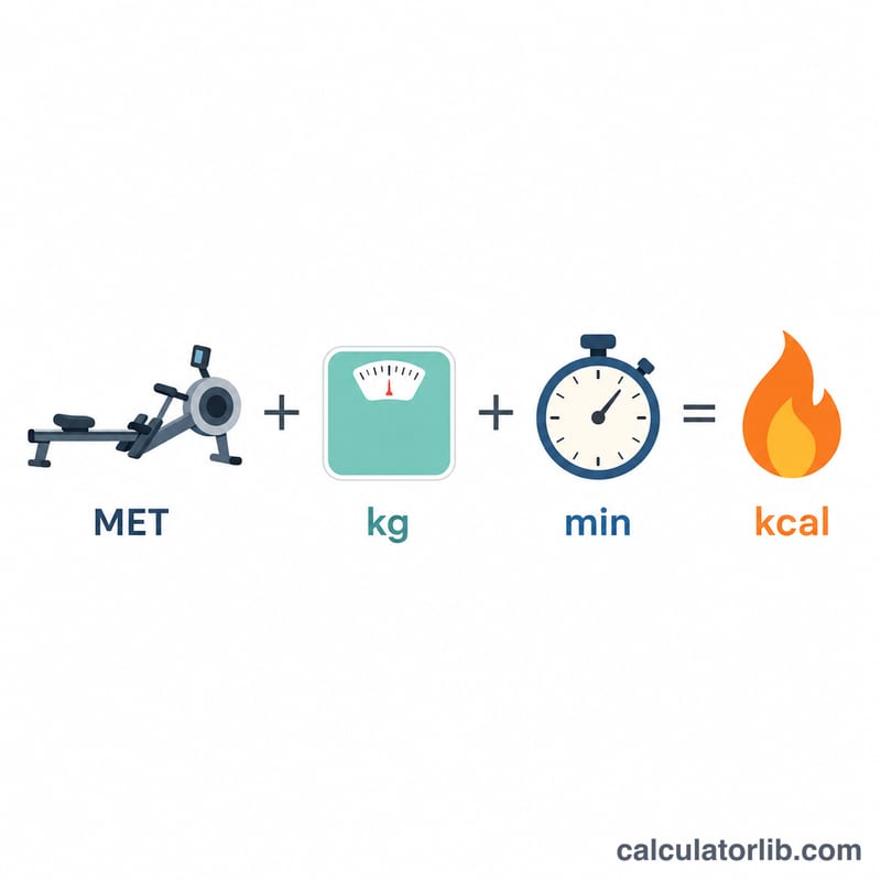 Sơ đồ thể hiện các thành phần của công thức tính calo khi chèo thuyền theo MET kết hợp thành lượng calo đốt cháy