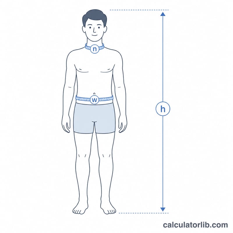 Body silhouette showing neck, waist, and height measurement points