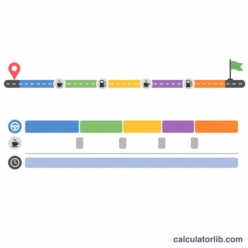 Diagram showing total trip time as driving segments plus rest break blocks along a road