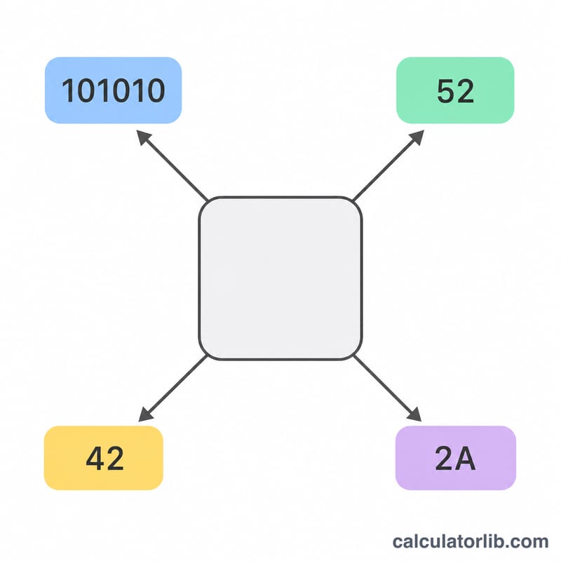 Same value shown in four number bases: binary, octal, decimal, hexadecimal
