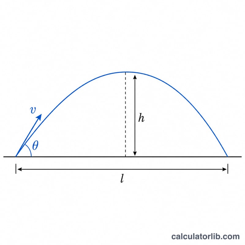 Parabolic projectile trajectory showing launch angle, range, and peak height