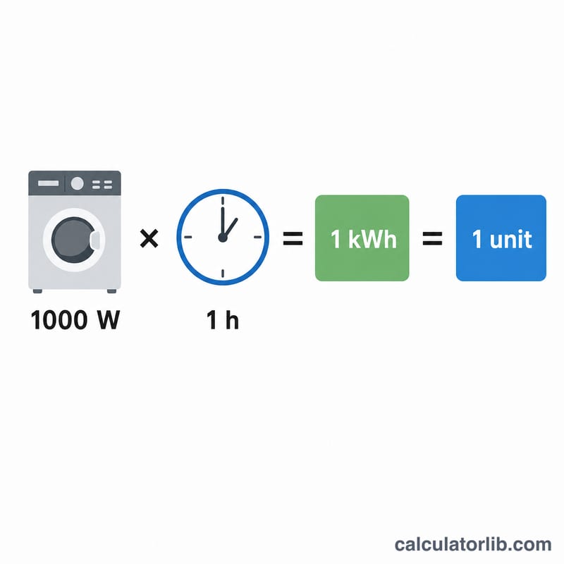 Diagram showing 1 unit equals 1 kilowatt-hour, with a 1000-watt appliance running for 1 hour