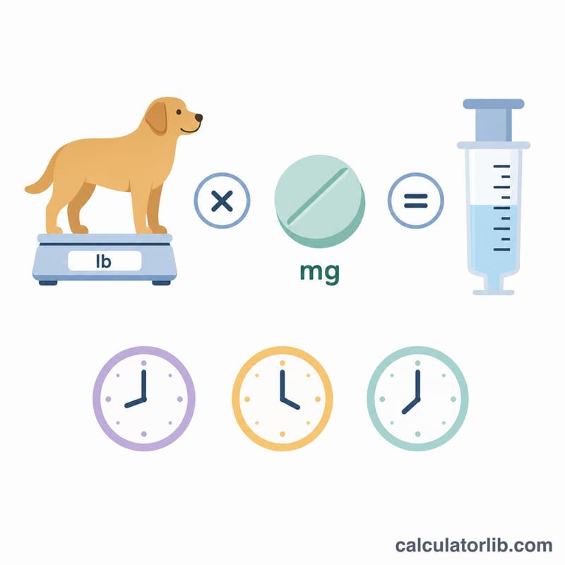 Diagrama que muestra el peso del perro en libras multiplicado por 1 mg por libra, lo que equivale a la dosis de Benadryl en miligramos, administrada de dos a tres veces al día