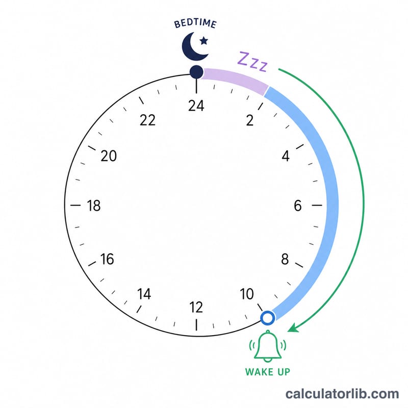 Clock-based timeline showing bedtime plus a fall-asleep buffer plus sleep hours wrapping around a 24-hour dial to a wake-up time