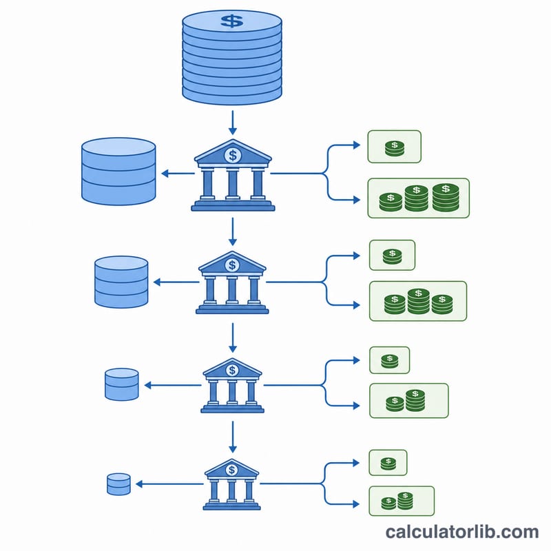 Flowchart showing an initial deposit cascading through several banks, with each bank keeping a reserve fraction and lending out the rest, creating progressively smaller new deposits.