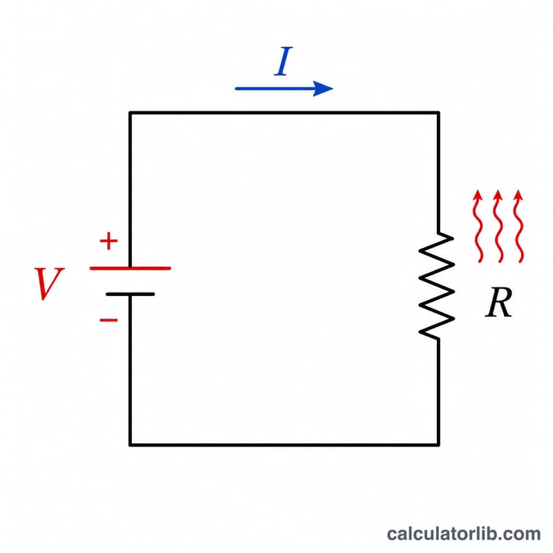 Simple circuit with voltage source, resistor, and current showing heat dissipation