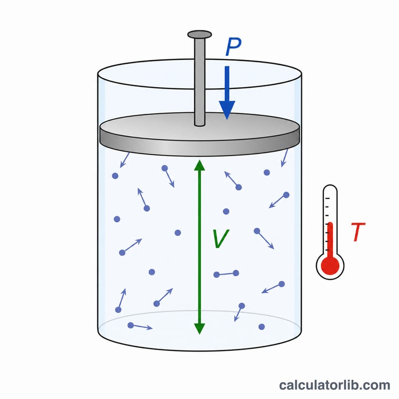 Diagram of a gas cylinder showing pressure, volume, temperature and gas particles